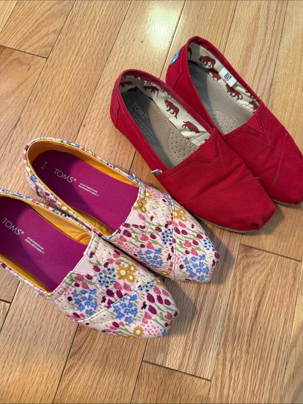 TOMS Women's Red Canvas Slip-On & Floral Canvas Flats 2 pairs